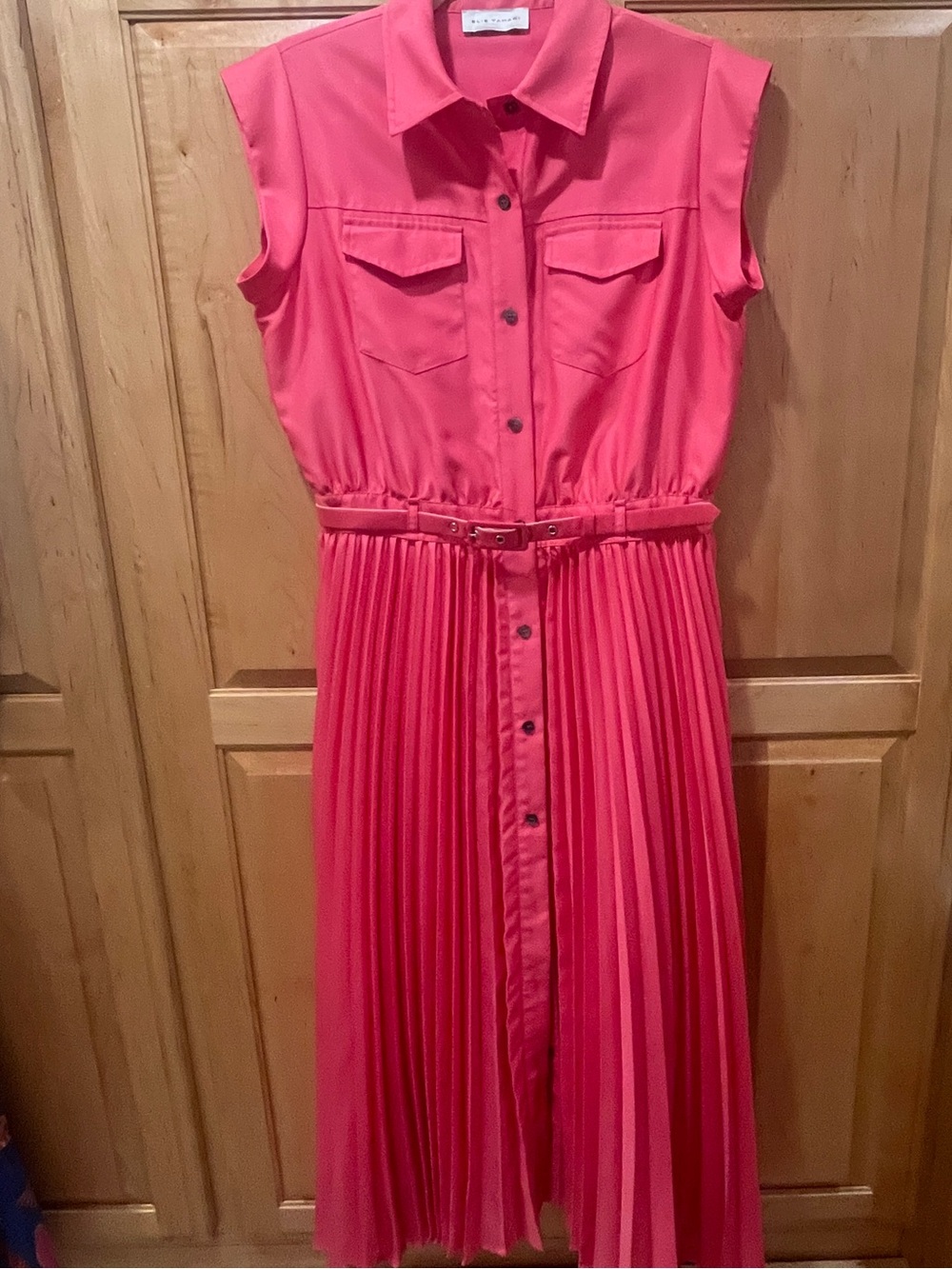 Pink Elie Tahari Natalya Pleated Midi Shirt Dress, Med